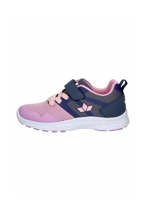 Children's athletic shoe in pink and navy with mesh upper, Velcro strap, laces, and white sole, side view on white background.