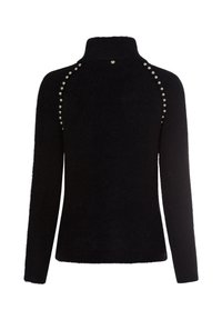 Schwarzer Pullover mit hohem Kragen, aus einem strukturierten Strickstoff gefertigt. Verfügt über Perlenakzente entlang der Raglanärmel und einen kleinen dekorativen Knopf.