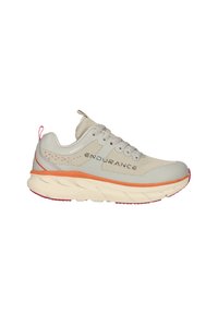 Hellgrauer und beiger Sportschuh mit orangefarbener Zwischensohle, Mesh-Einsätzen, Schnürdesign und dicker, gepolsterter Sohle.
