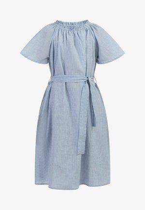 Kék és fehér csíkos ruha, könnyű anyagból készült. Rugalmas nyakkivágással, rövid ujjakkal és megkötős derék részlettel rendelkezik.