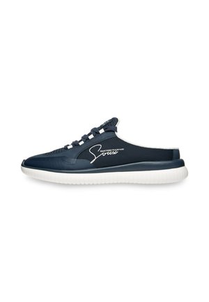 Navy blue slip-on sneaker with white sole, mesh sides, laces, and "Swiss" logo on outer side.