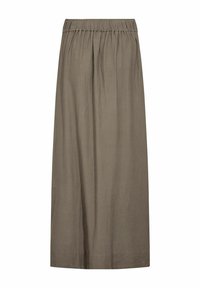 Gonna ankle-length verde oliva realizzata in tessuto leggero con una cintura elastica e una texture morbida e naturale; senza motivi o accenti visibili.