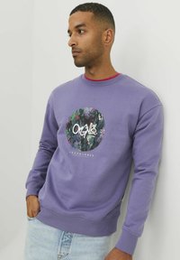 Sudadera morada con un gráfico circular que presenta un diseño abstracto multicolor y texto. Textura suave con puños y dobladillo acanalados.
