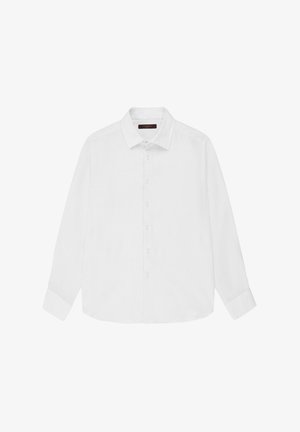 Camicia da uomo bianca a maniche lunghe con bottoni, collo, polsini e bottoni visibili sulla parte anteriore, distesa su uno sfondo bianco.