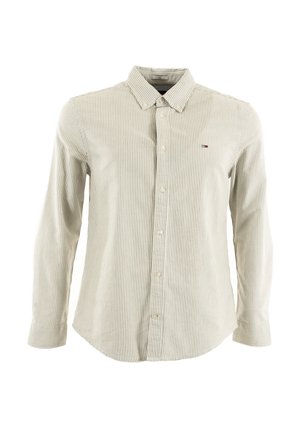 Camicia a maniche lunghe a righe in verde chiaro e bianco, con colletto button-down, bottoni frontali e un piccolo logo sul petto.