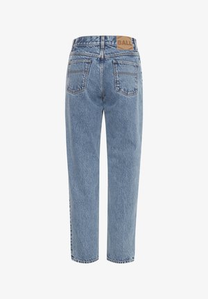 Blugi din denim de culoare albastru deschis, cu talie înaltă, design cu picior drept, având cinci buzunare și o etichetă din piele deschisă pe spate.