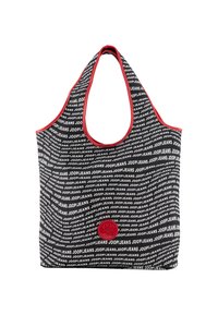 Wielokrotna torba na zakupy z czarnego materiału z powtarzającym się białym logo "JOOP! JEANS". Czerwony akcent wzdłuż krawędzi i okrągłe czerwone logo z przodu.