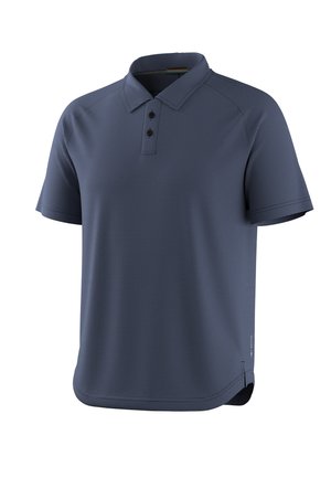 Herre kortærmet navyblå poloshirt med struktureret stof, to sorte knapper og en klassisk krave, vist på en hvid baggrund.