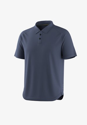 Herre kortærmet navyblå poloshirt med struktureret stof, to sorte knapper og en klassisk krave, vist på en hvid baggrund.