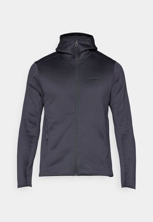 Dunkelgrauer Reißverschluss-Hoodie mit hohem Kragen, aus einem glatten, leichten Stoff; verfügt über Seitentaschen und minimale Markenkennzeichnung.