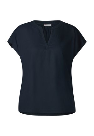 Kortärmad navyblå blus med V-ringning och slät yta. Har en avslappnad passform och inga synliga mönster eller hårdvarudetaljer.