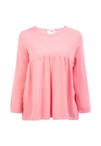 Maglietta a maniche lunghe rosa chiaro con un motivo testurizzato, scollatura rotonda e design a vita impero. Corpo svasato, polsini a coste e dettaglio dell'orlo.