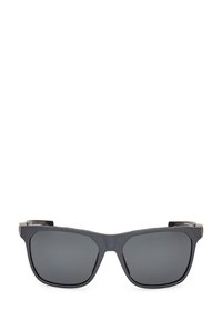 Sunglasses with a black matte frame, angular shape, and dark gray lenses; features minimal metal accents on the temples.