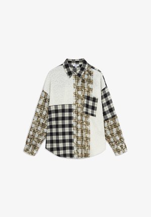 Hemd mit Knopfleiste und gemusterten Stoffen: cremefarbener, strukturierter Abschnitt, schwarz-creamfarbener Karomuster und braune Akzente. Lange Ärmel und eine Brusttasche.