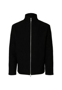 Svart jacka i strukturerad tyg med hög krage, med dragkedja fram och långa ärmar. Enkelt, minimalistiskt design.