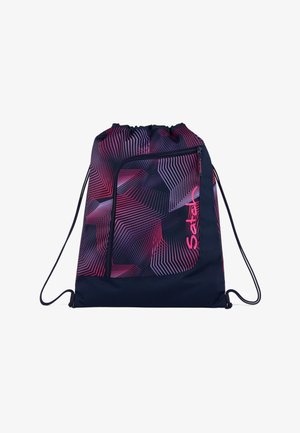 Schnürrucksack in Dunkelblau mit einem geometrischen Muster in Pink und Lila. Verfügt über eine vordere Reißverschlusstasche zur Aufbewahrung. Hergestellt aus strapazierfähigem Stoff.