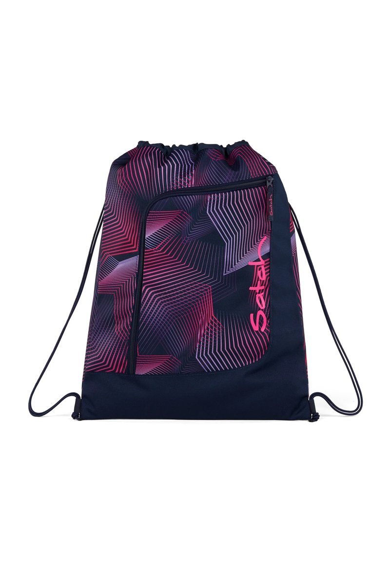 Drawstring backpack in dark navy with a geometric pink and purple pattern. Features a front zip pocket for storage. Made of durable fabric.