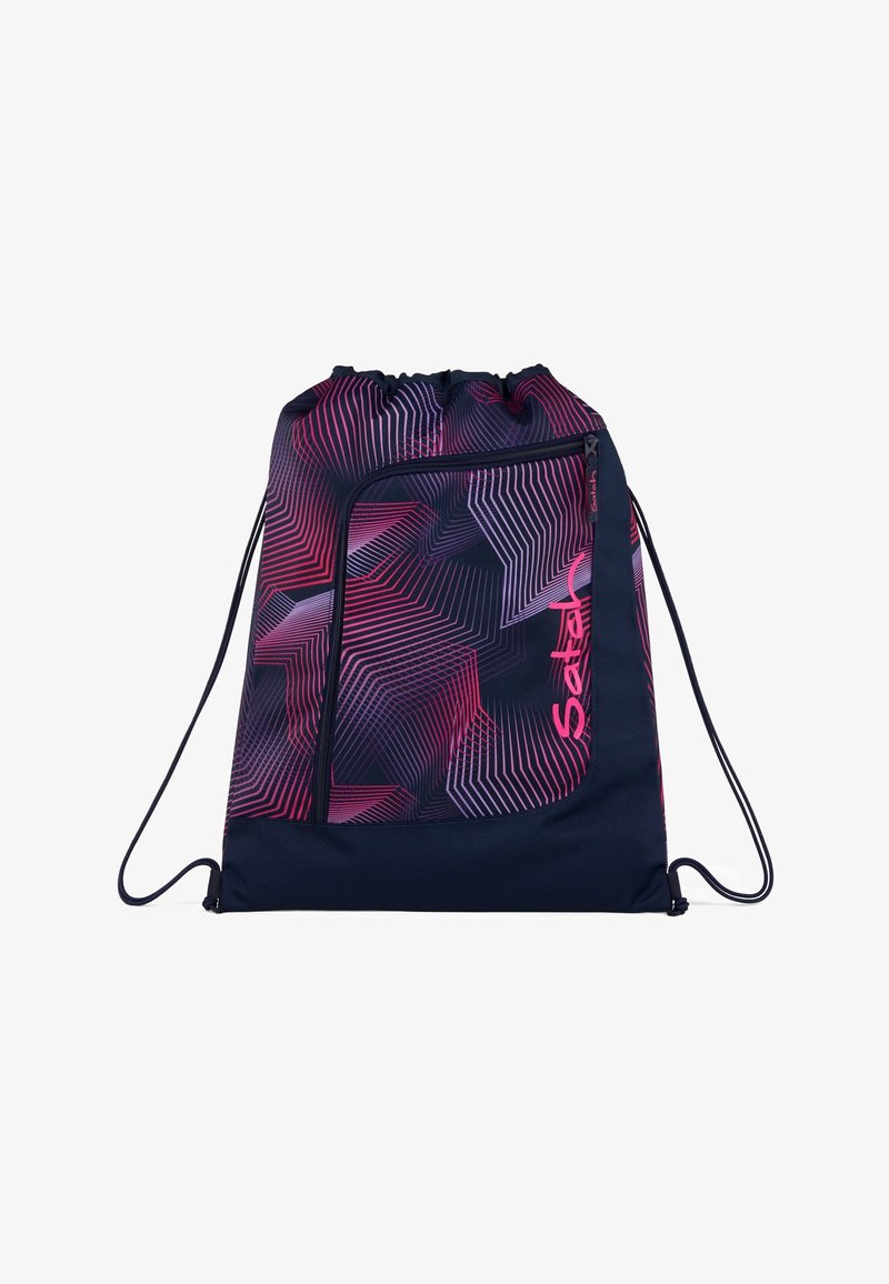 Schnürrucksack in Dunkelblau mit einem geometrischen Muster in Pink und Lila. Verfügt über eine vordere Reißverschlusstasche zur Aufbewahrung. Hergestellt aus strapazierfähigem Stoff.