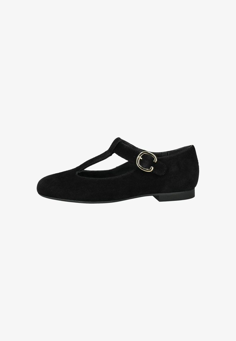 Chaussure plate en daim noir avec bride en T, bout arrondi et boucle dorée sur le côté, dotée d'un petit talon et d'un détail découpé.