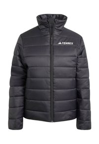 Svart puffjakke med horisontal quiltet design, høy krage, hel glidelås og hvit "TERREX" logo øverst til venstre.