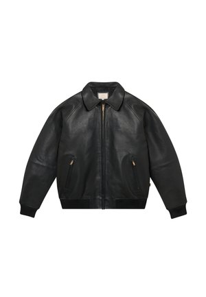 Black leather zip-up jacket with collar, two angled zippered pockets, and ribbed cuffs and hem.