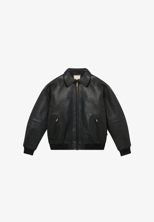 Black leather zip-up jacket with collar, two angled zippered pockets, and ribbed cuffs and hem.