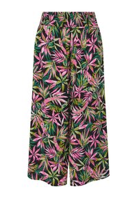 Svarta vida byxor med ett blommönster som har rosa och gröna blad. Elastisk midja för komfort. Lättviktig tyg.