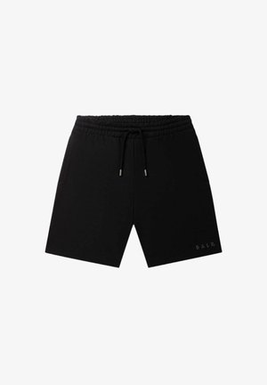 Fekete sportos rövidnadrág, elasztikus derékkal és húzózsinórral, oldalzsebekkel, az alján pedig hímezetten szerepel a "BALR." felirat.