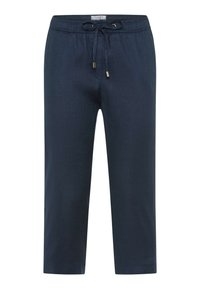Pantaloni navy blu, a vita corta, realizzati in un tessuto morbido. Presentano una cintura elastica con cordoncino e terminali metallici.