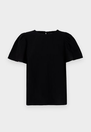 Blusa nera a maniche corte con maniche a sbuffo, scollo rotondo e chiusura a occhiello sul retro. Presenta un tessuto liscio e dalla consistenza particolare.