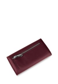Leather wallet in burgundy with a smooth texture, featuring a silver metal zipper and subtle stitching details on the edge.