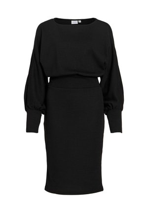 Czarna sukienka z długim rękawem, z luźną górą i dopasowanym dołem. Wykonana z dzianiny, z okrągłym dekoltem i marszczonymi rękawami.