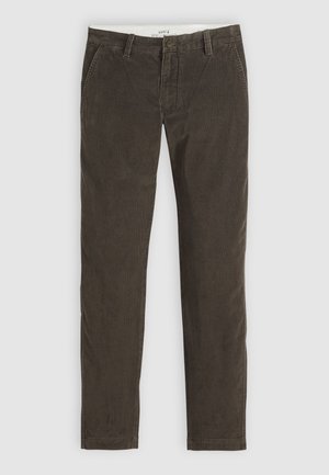 Brown corduroy pants with a straight-leg design, featuring a button closure, side pockets, and a subtle texture.