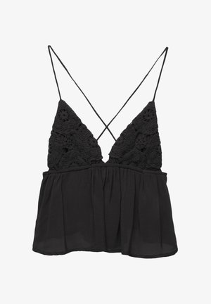 Mustat toppi, jossa on pitsi virkattu yläosa, V-aukko, säädettävät ohuet olkaimet ja kevyt flare-helma.