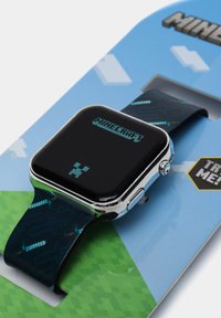 Minecraft-themed smartwatch with a black display, silver casing, and a patterned strap featuring blue pixelated swords on a dark background.