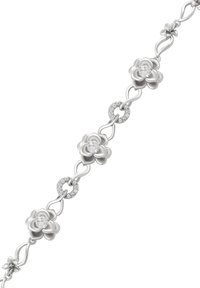 Brățară din argint cu motive florale, împodobită cu diamante mici. Linii curbate leagă motivele florale cu accente circulare din diamante.