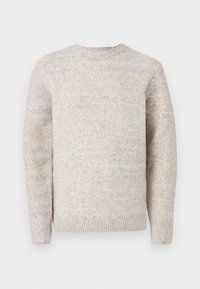 Pull en laine beige chiné à col rond, avec des manches longues et des bords-côtes aux poignets et à l'ourlet, présenté sur fond blanc uni.