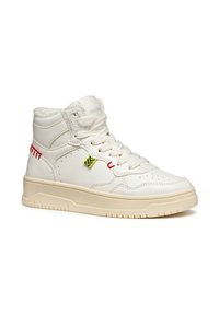 Witte hoge sneakers van textuurleer, met een gewatteerde kraag en kleurrijke accenten. Beschikt over een geperforeerde neus, platte veters en een rubberen zool.