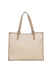Sac fourre-tout beige avec motif géométrique texturé, anses supérieures et accents en cuir lisse. Il présente un design rectangulaire spacieux.