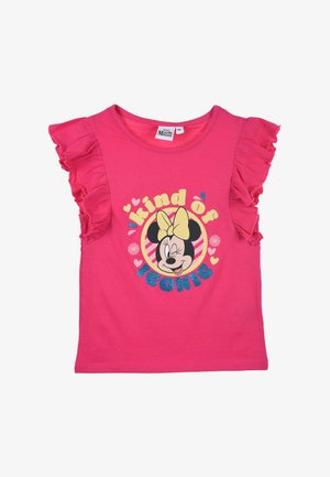 T-shirt di cotone rosa con maniche a volant, decorata con un grafico del volto di un personaggio e la scritta "kind of ICONIC" in glitter.