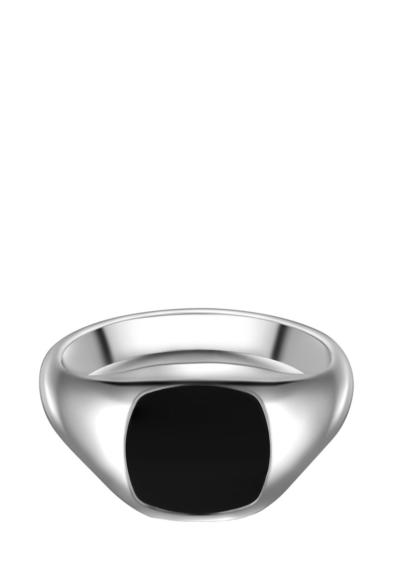 Silverring med en slät, rund band och en fyrkantig svart stenseffekt. Polerad yta framhäver den eleganta designen.