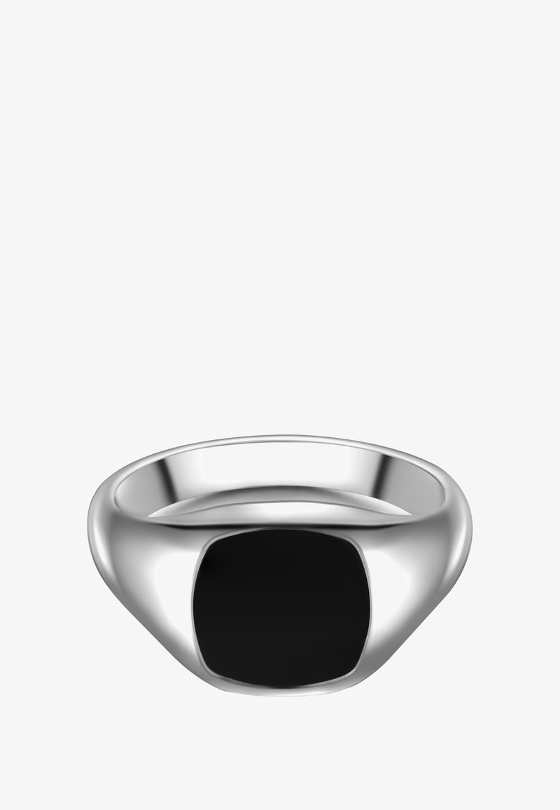 Silverring med en slät, rund band och en fyrkantig svart stenseffekt. Polerad yta framhäver den eleganta designen.
