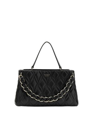 Borsa Guess nera trapuntata con tracolla in pelle intrecciata e catena dorata, manico superiore e targhetta con logo sul davanti.