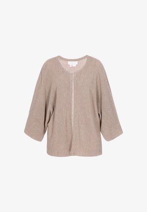 Bézs bordázott kötött kardigán kerek nyakkal, háromnegyedes ujjal és nyitott elülső résszel. Könnyű anyagú, laza fazonú.