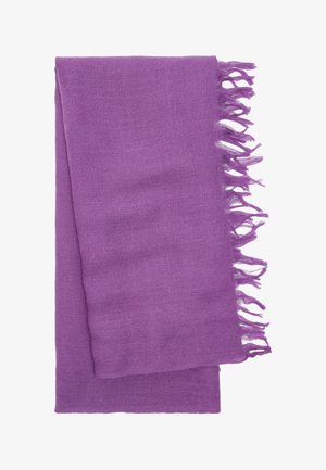 Fioletowy tkany szalik z frędzlami, wykonany z lekkiego materiału. Tekstura wydaje się być miękka i lekko przezroczysta.