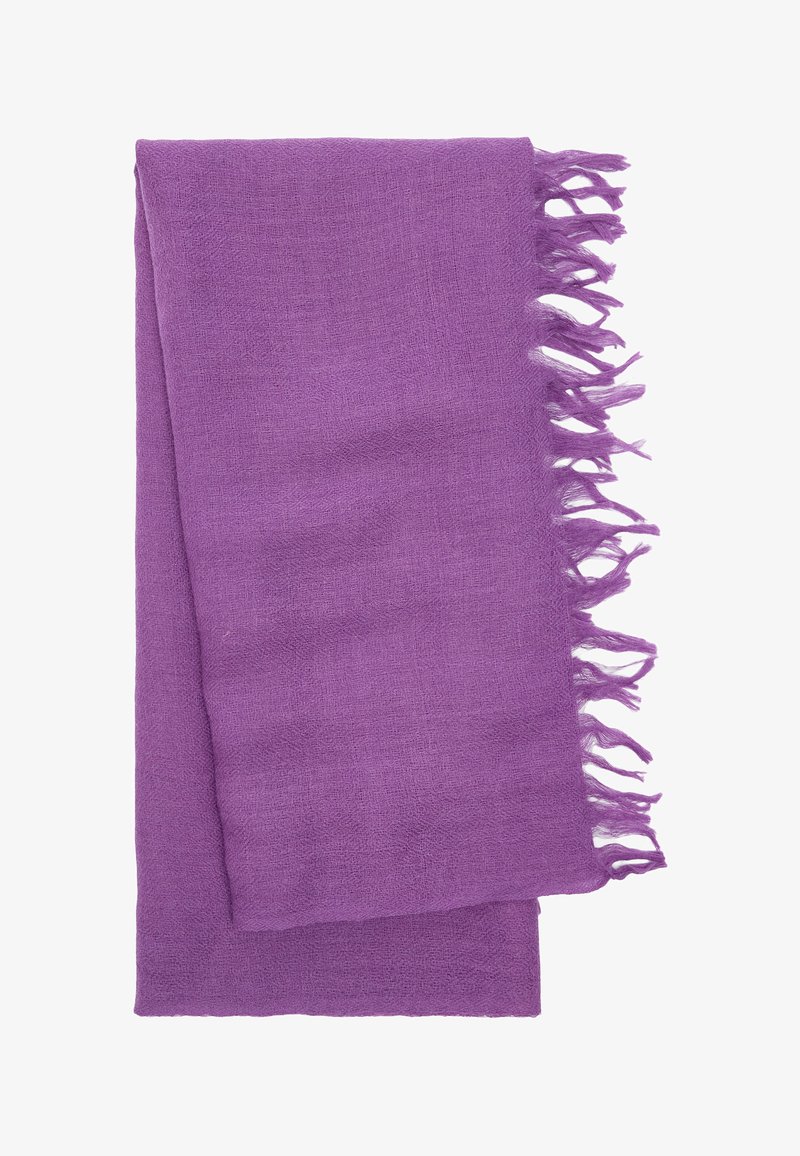 Fioletowy tkany szalik z frędzlami, wykonany z lekkiego materiału. Tekstura wydaje się być miękka i lekko przezroczysta.