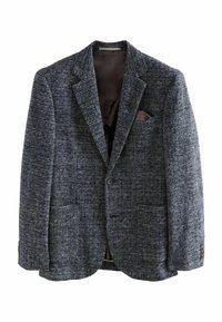 Sacou în carouri gri și albastru, realizat dintr-un material texturat, având rever în formă de ureche și două buzunare frontale, cu interior din satin maro.