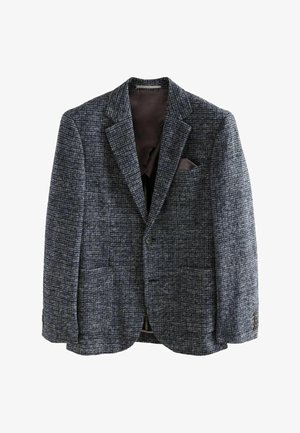 Grau-blau karierter Blazer aus strukturiertem Stoff, mit Reverskragen, zwei frontalen Taschen und einem braunen Satinfutter.