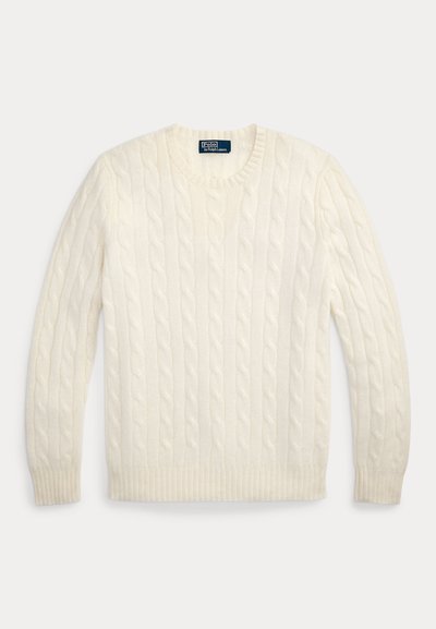 Balts kardigana ar rupju pinumu ar garām piedurknēm, apaļu apkakli un ribām aprocēs un apakšmalā, Polo by Ralph Lauren etiķete apkakles iekšpusē.