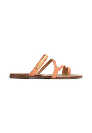 Dámske šľapky na platnej podrážke v broskyňovej farbe, s tromi remienkami a zlatým kovovým doplnkom na jednom z remienkov pre zvýraznenie detailu.